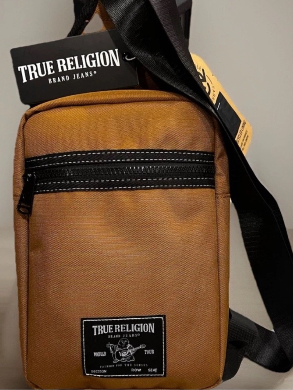 True Religion Tan Men's Crossbody Belt Bag with Black Strap